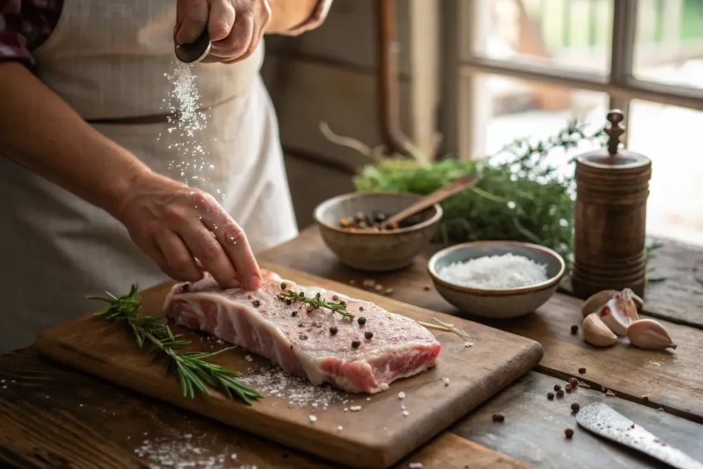 Close-up of pork jowl being rubbed with salt, pepper, rosemary, and garlic on a farmhouse table