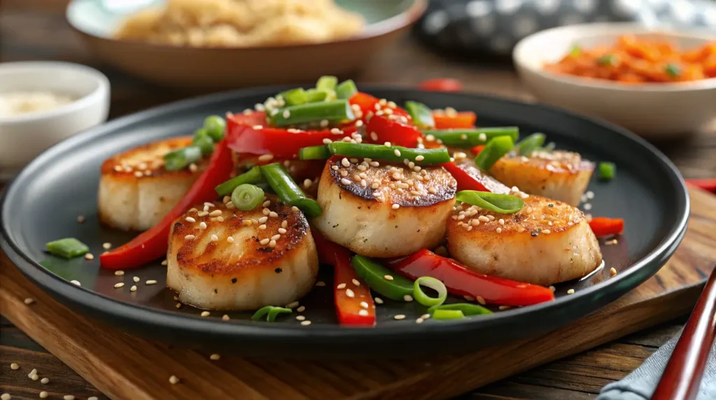 Fishcakes and scallops stir fry recipe with seared scallops, red peppers, and snap peas garnished with sesame