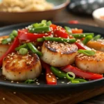 Fishcakes and scallops stir fry recipe with seared scallops, red peppers, and snap peas garnished with sesame