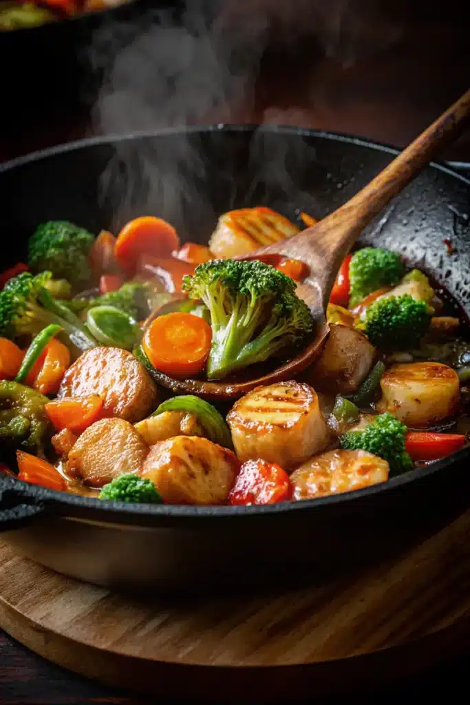 Fishcakes and scallops stir fry recipe cooking in a wok with broccoli, carrots, and sauce