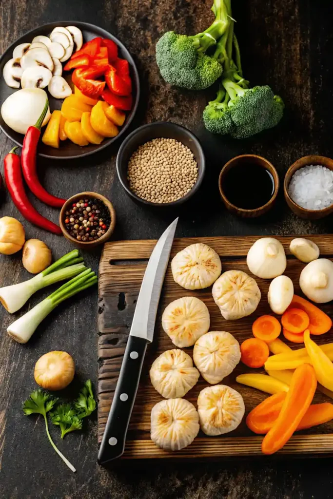 Ingredients for fishcakes and scallops stir fry recipe including vegetables, seasonings, and sauces