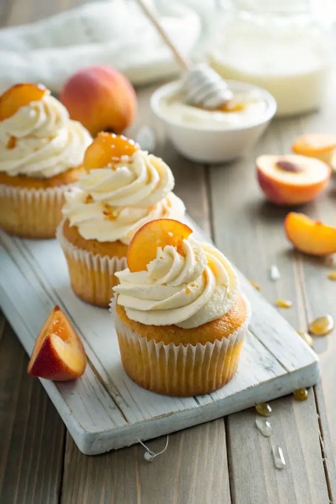 Frosting honey peach cupcakes with creamy honey cream cheese frosting