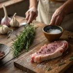 Pork jowl seasoned with salt, pepper, garlic, and rosemary on a rustic farmhouse table