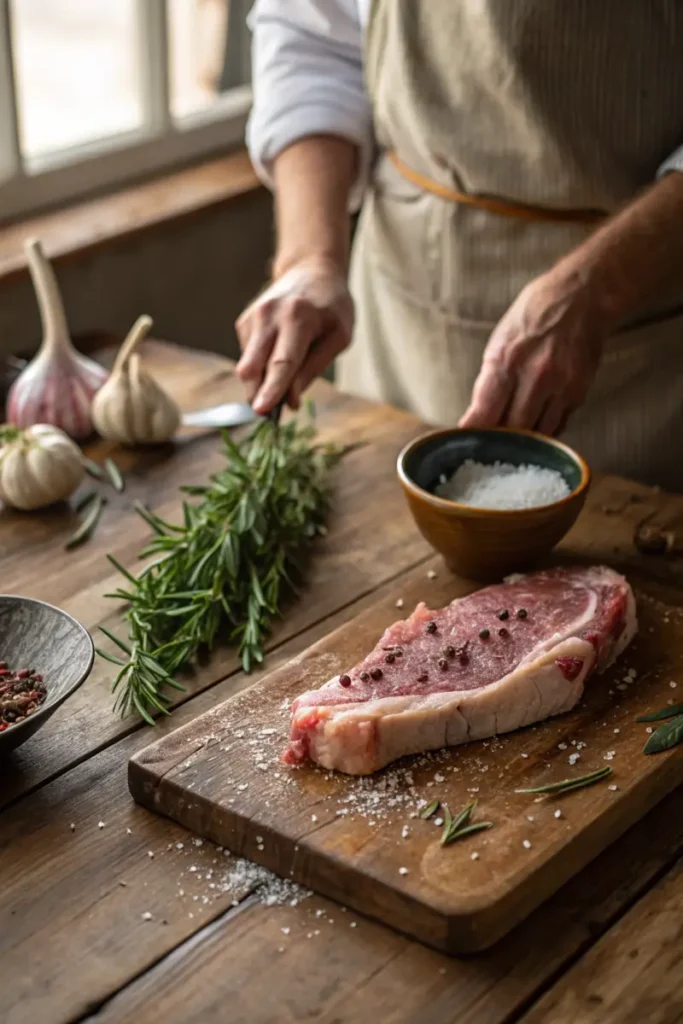 Farmhouse-style preparation of guanciale with rosemary, garlic, and sea salt