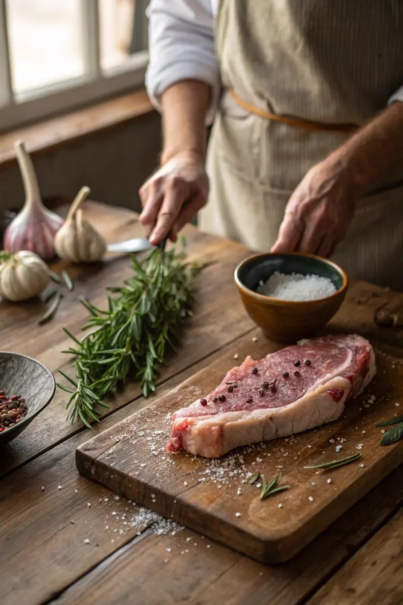 Farmhouse-style preparation of guanciale with rosemary, garlic, and sea salt