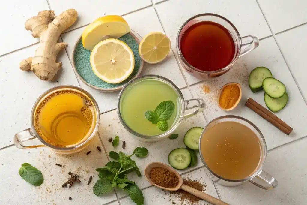 Five types of homemade fat burner teas ready to enjoy.