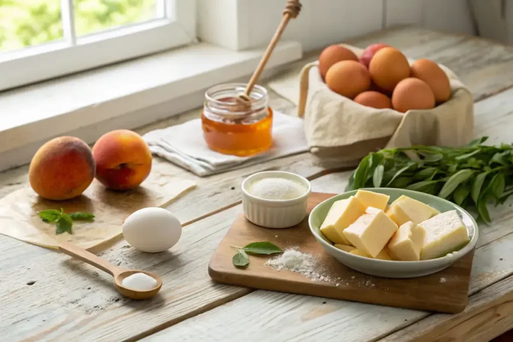 Fresh peaches, honey, flour, and cream cheese ingredients for peach cupcakes