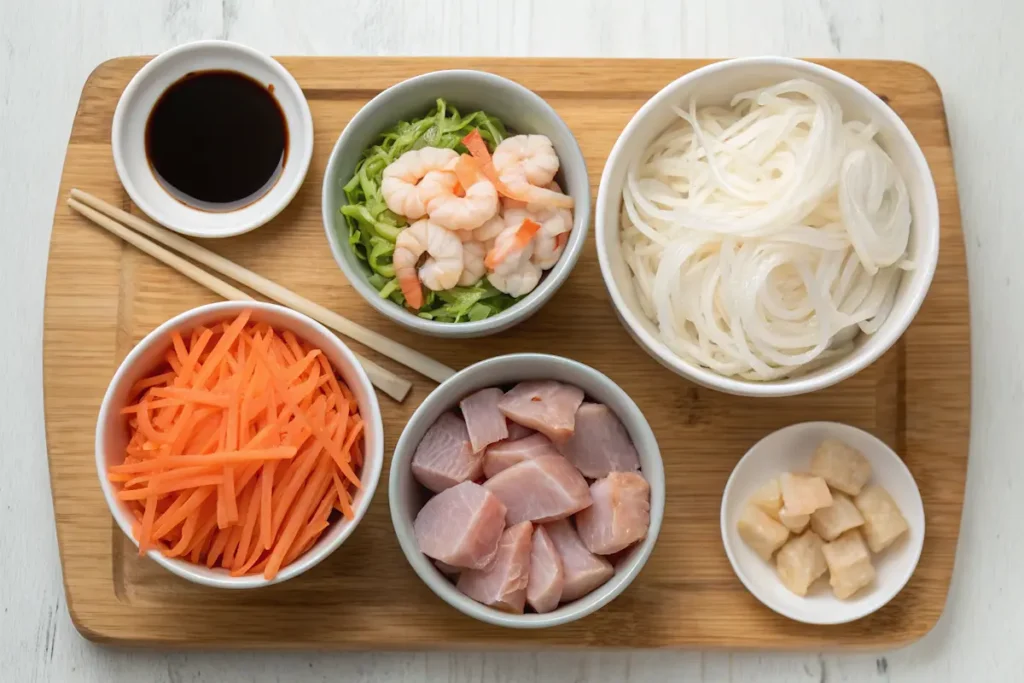  ingredients for house special mei fun on farmhouse prep board