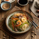 house special mei fun with pork and shrimp on rustic table