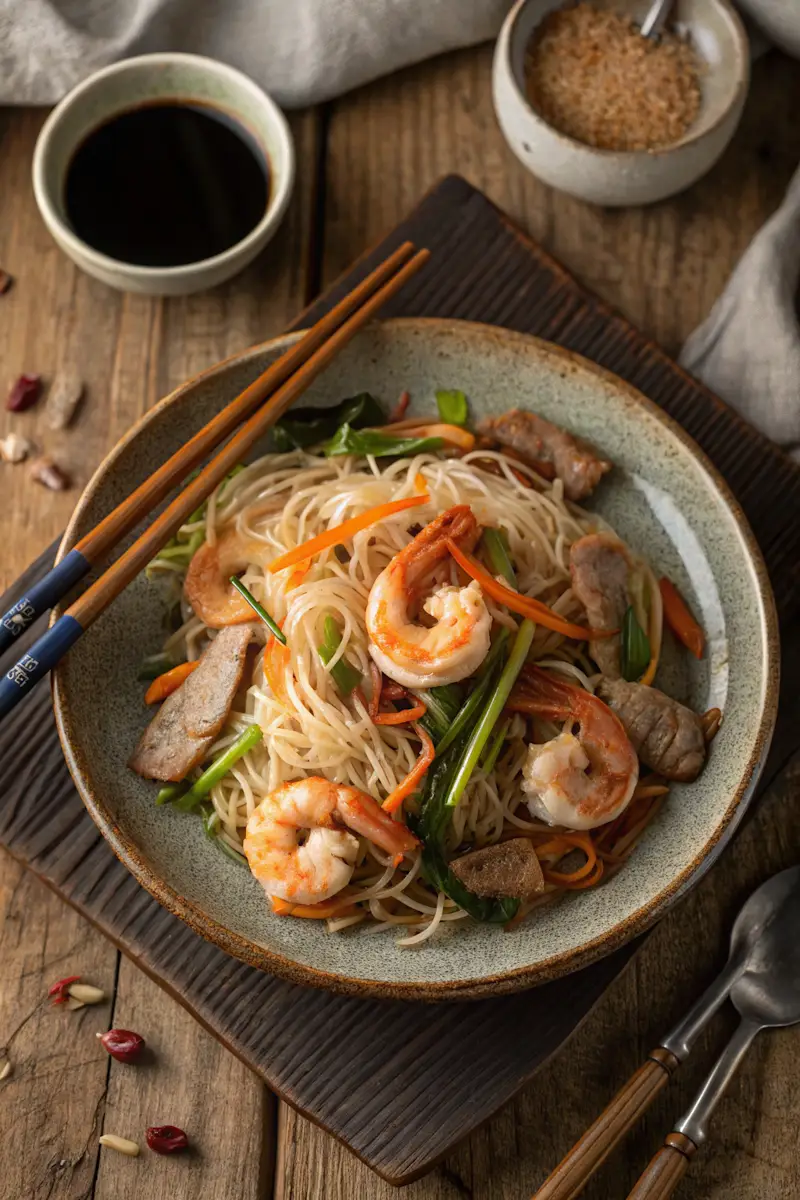 house special mei fun with shrimp and pork on rustic table