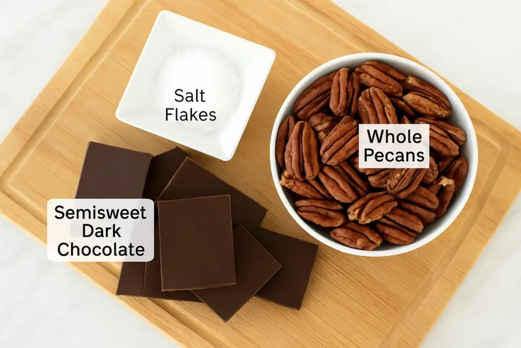 : Whole pecans, dark chocolate, and salt for chocolate covered pecans recipe
