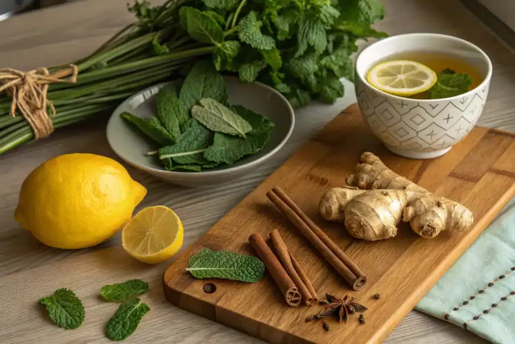 Essential ingredients for homemade fat burner tea recipes.