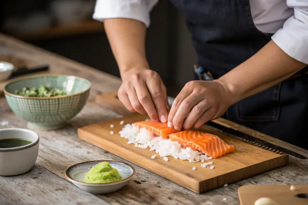 Jake shaping nigiri rice in a farmhouse kitchen