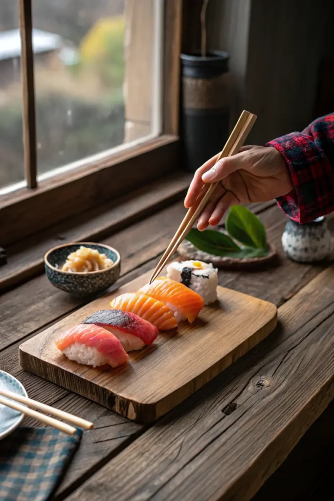 Homemade nigiri sushi on a farmhouse table with rustic light