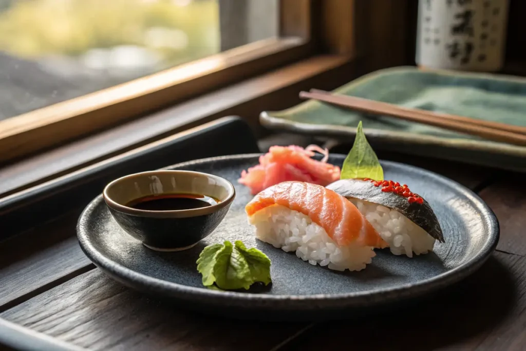 Serving nigiri with wasabi, ginger, and soy in a rustic kitchen