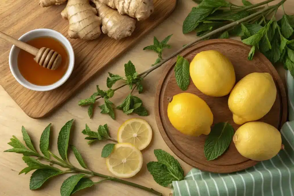 fresh ingredients for ginger lemon fat-burning tea