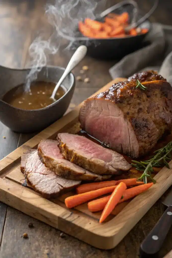 Pikes Peak beef roast with coffee gravy sliced and served
