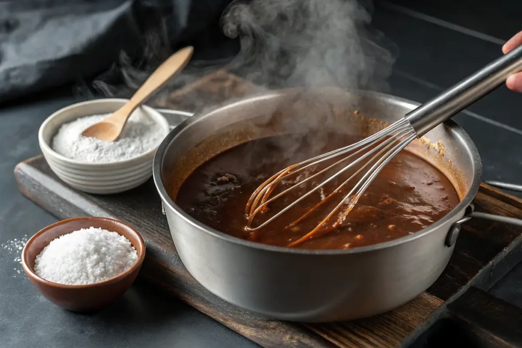 Rich coffee gravy for Pikes Peak beef roast in saucepan