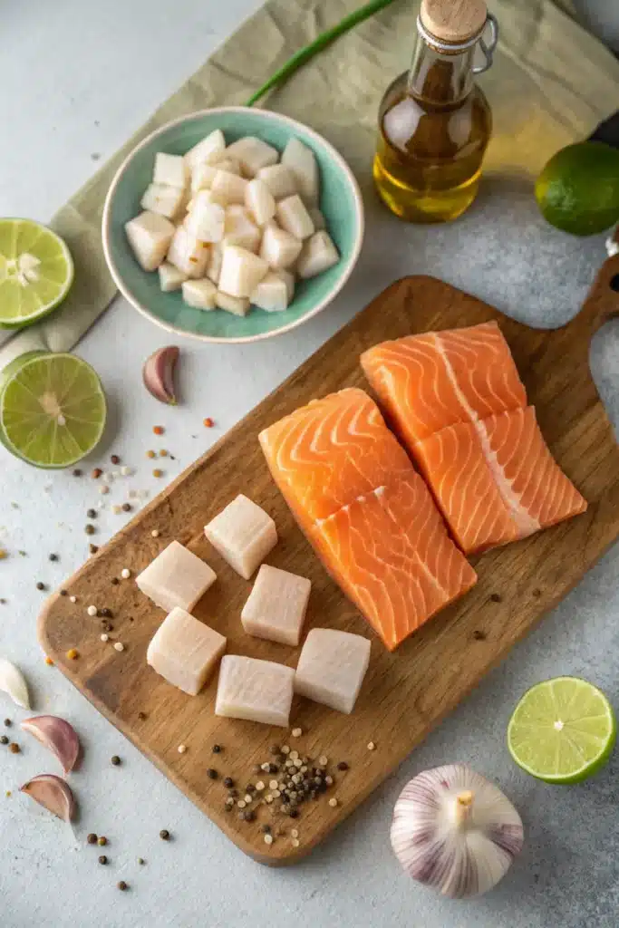 prepping fish for stir fry – cubed salmon and cod with garlic