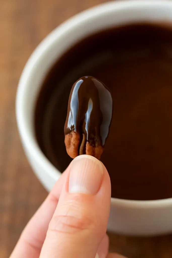 Finished batch of chocolate covered pecans sprinkled with sea salt
