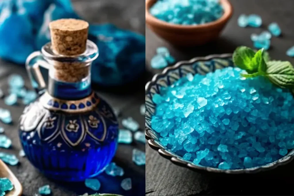 Blue Salt Trick Recipe ingredients with blue crystal salt and potion bottle