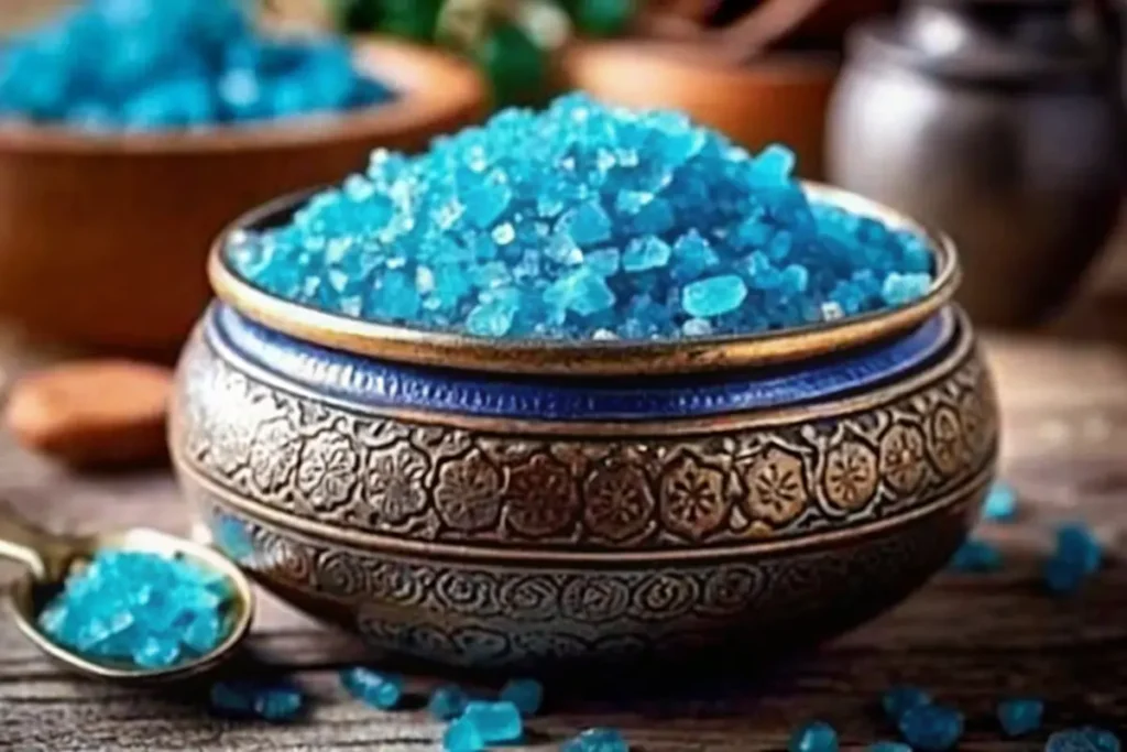 Blue Salt Trick Recipe with ornate bowl of blue mineral salt crystals