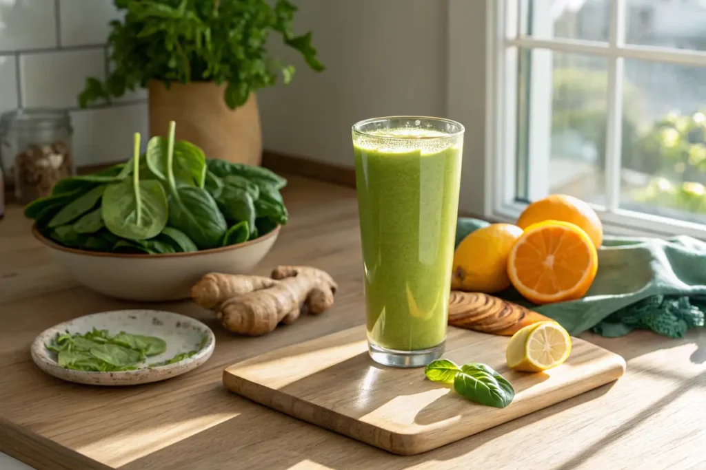 Green ginger citrus smoothie with spinach, ginger, and fresh citrus fruits on a wooden kitchen counter