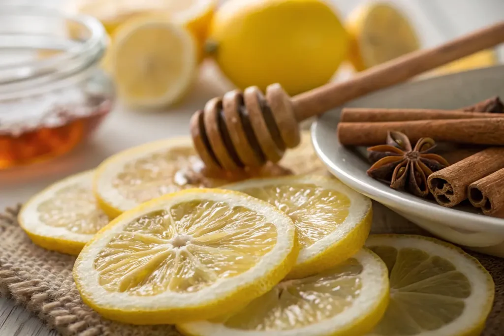 fresh lemon slices, cinnamon sticks, and honey for green tea fat burning drink