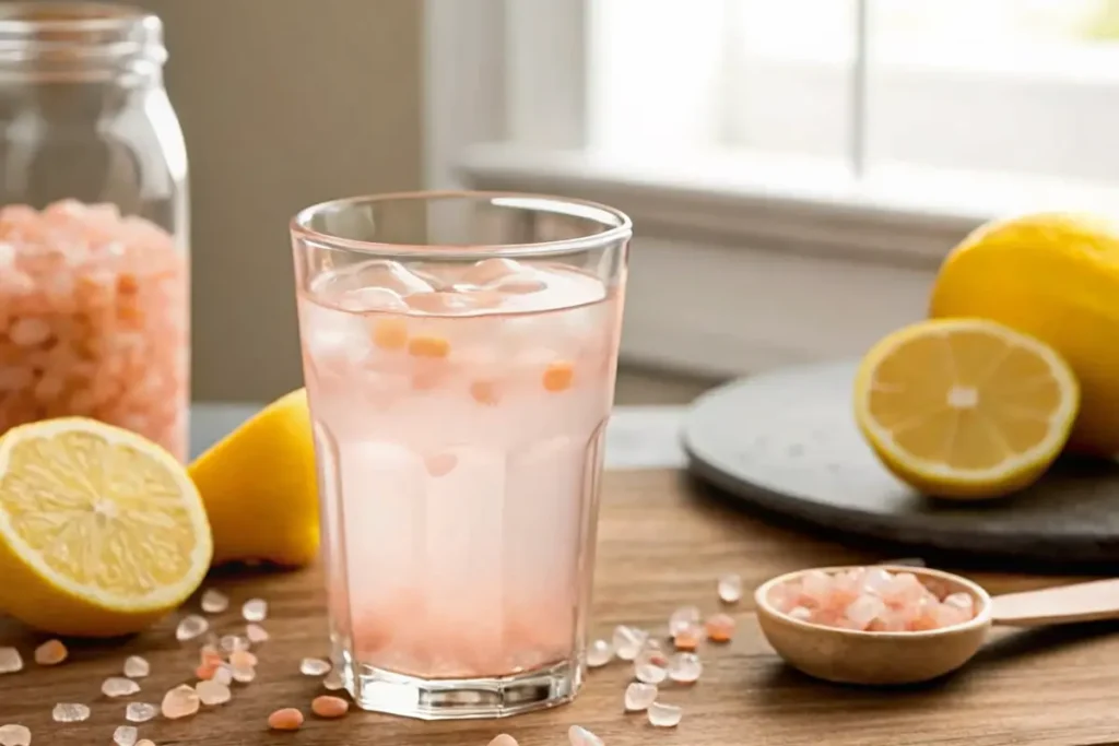 Himalayan Pink Salt Trick Recipe with lemon and ice in a detox glass
