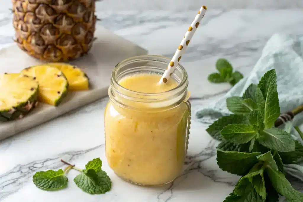 ACV pineapple smoothie ready to drink with a fresh garnish