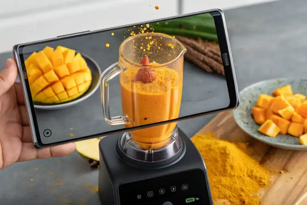 Blending turmeric mango smoothie in a blender