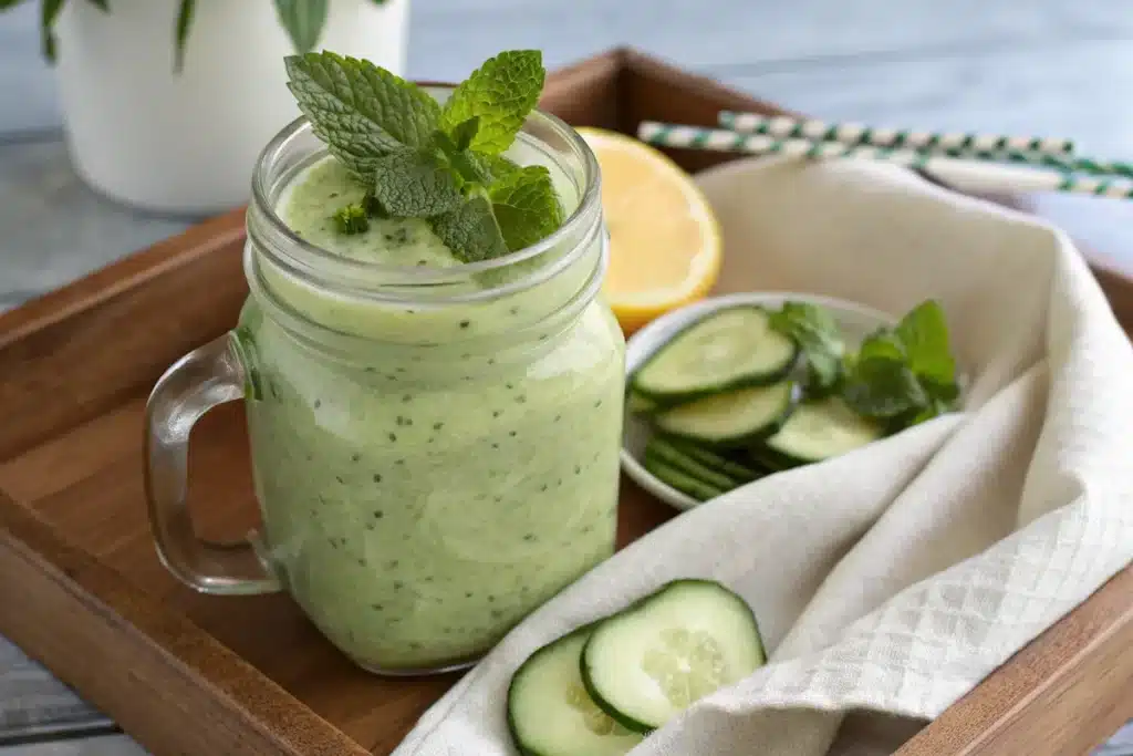 Cucumber Mint Belly Buster served chilled in a mason jar