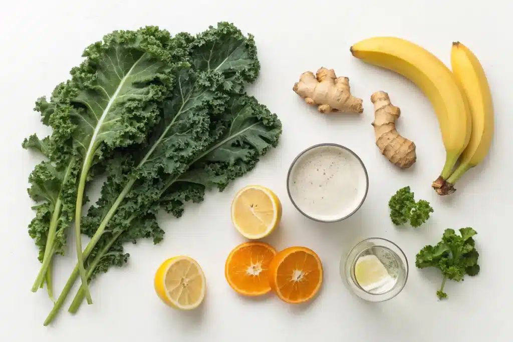 Flat lay of green smoothie ingredients including kale, ginger, citrus, banana, and coconut water