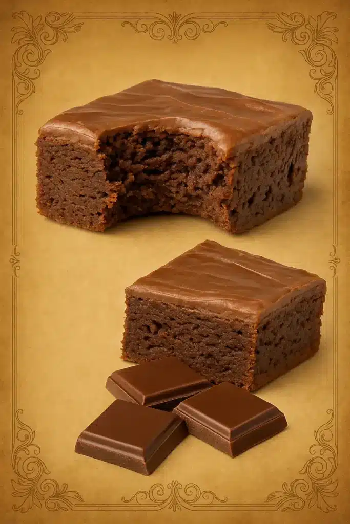 Frosted chocolate Lunch Lady Brownie with classic school-style texture and a bite taken