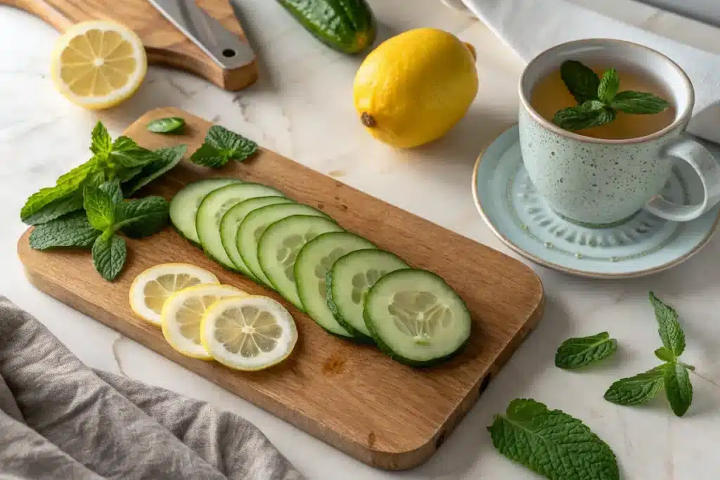 fresh mint and cucumber sliced on a wooden cutting board