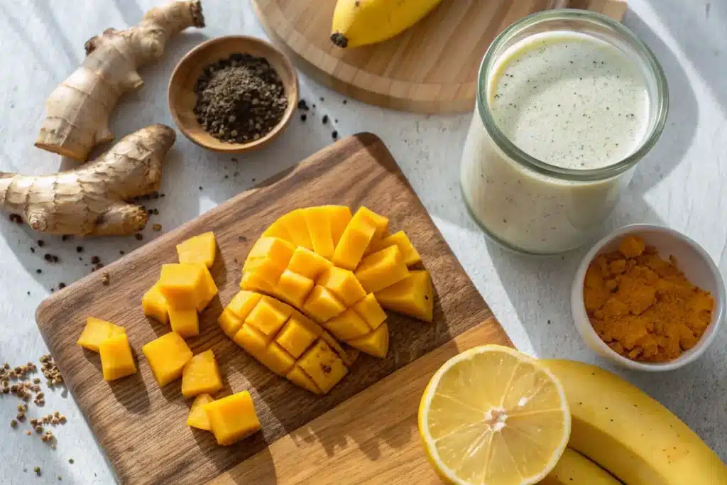 Turmeric Mango Smoothie ingredients laid on board