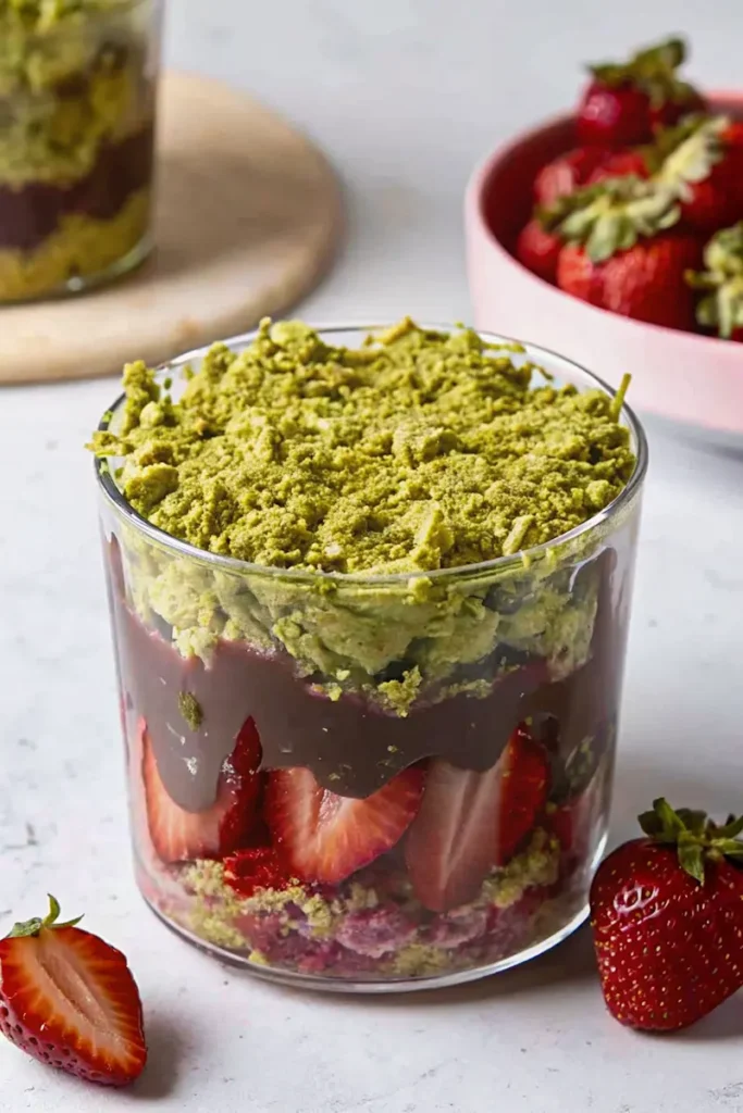 Layered strawberry Dubai chocolate dessert with pistachio crumble in a clear glass