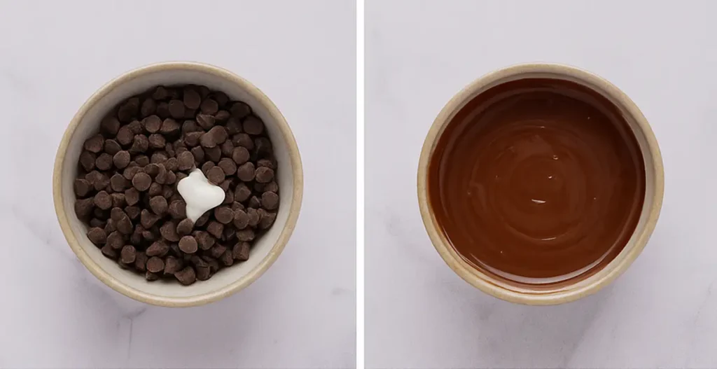 Melting chocolate chips with coconut oil for strawberry Dubai chocolate dessert