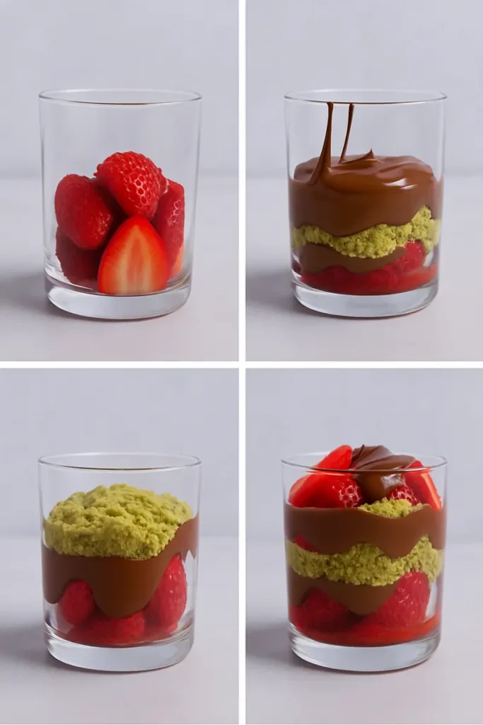 Step-by-step layering of strawberry Dubai chocolate dessert with strawberries, pistachio cream, and melted chocolate