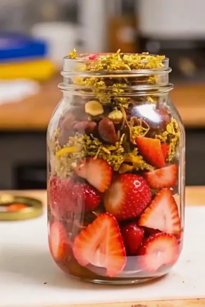 Layered Dubai chocolate strawberries in a mason jar with pistachio and nuts