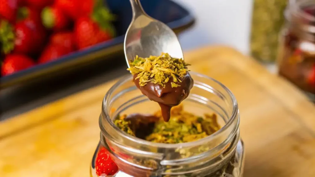 Spoonful of chocolate and pistachio kataifi from a Dubai chocolate strawberries jar