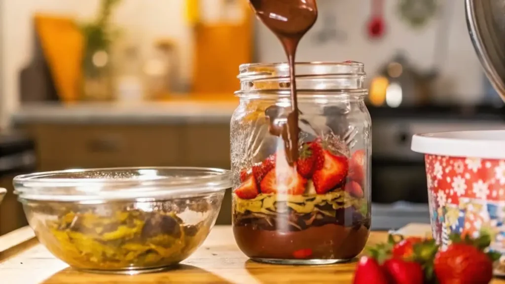 Pouring melted chocolate over layered strawberries and pistachio in a Dubai chocolate strawberries jar