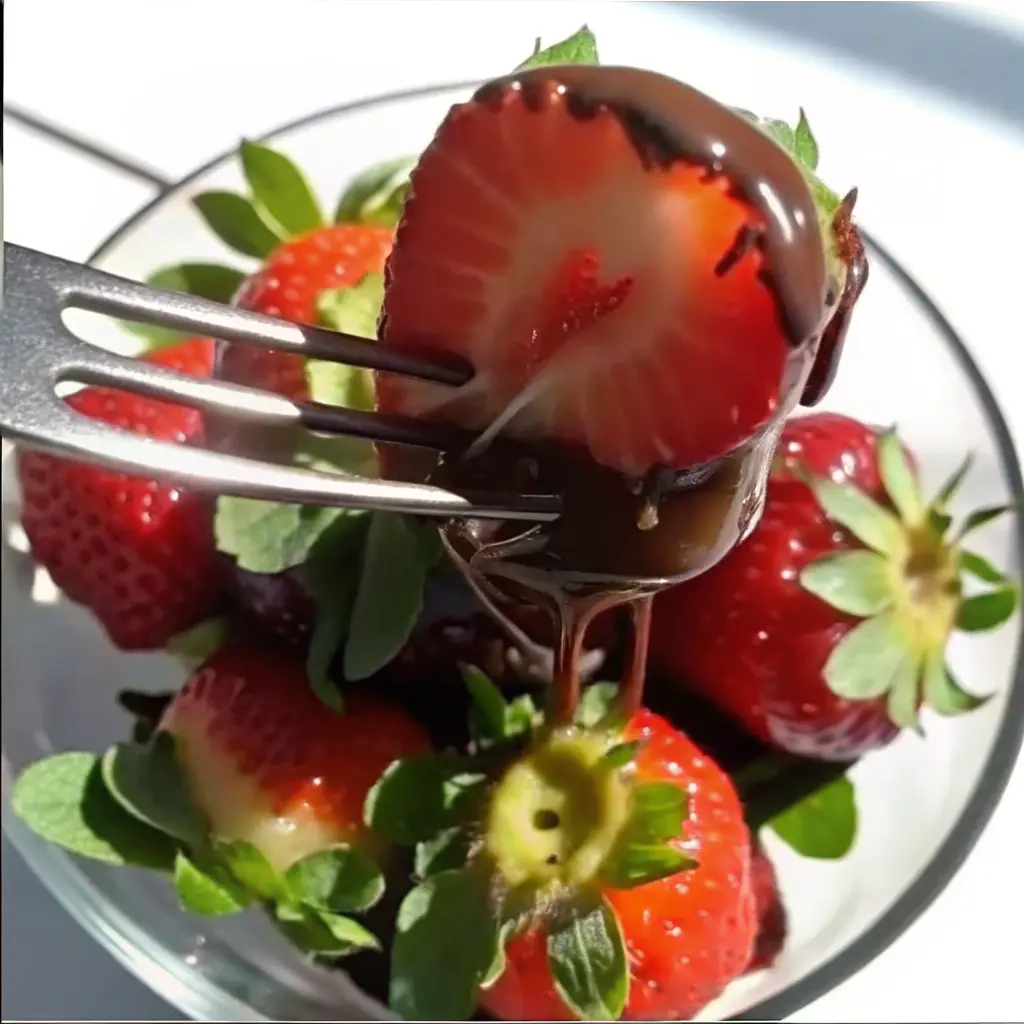 Close-up of Dubai chocolate covered strawberries, with a fork lifting a dipped strawberry above a bowl of fresh berries.