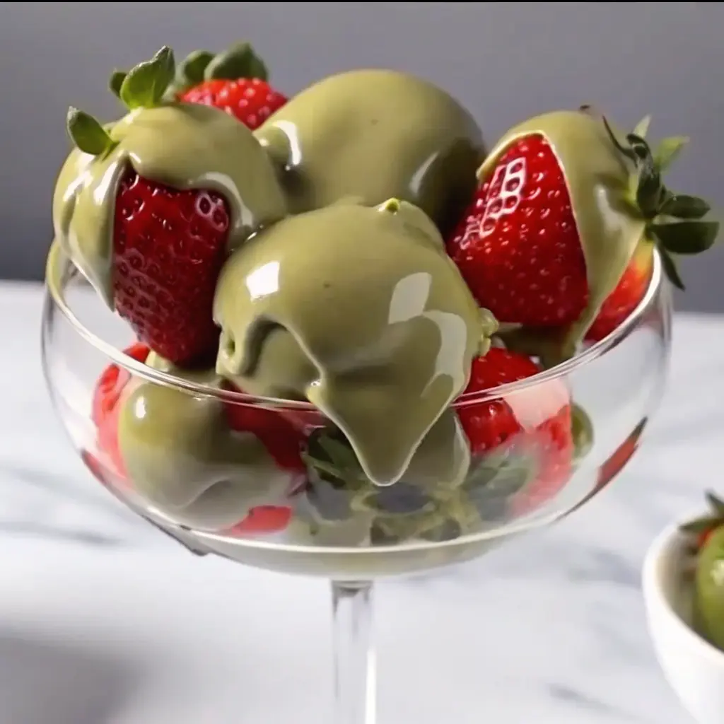Dubai chocolate covered strawberries dipped in glossy green chocolate, served in a glass dessert cup.