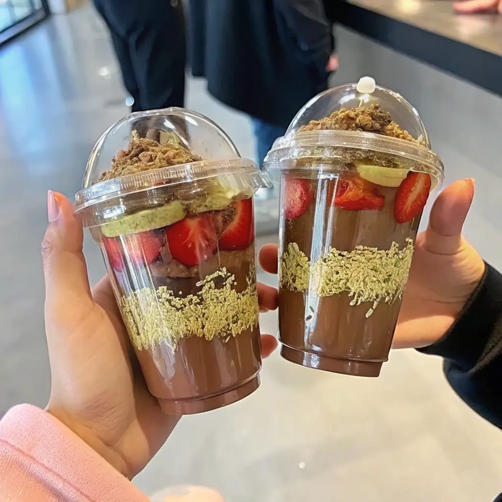 Dubai chocolate strawberries nearby served in dessert cups with fresh toppings