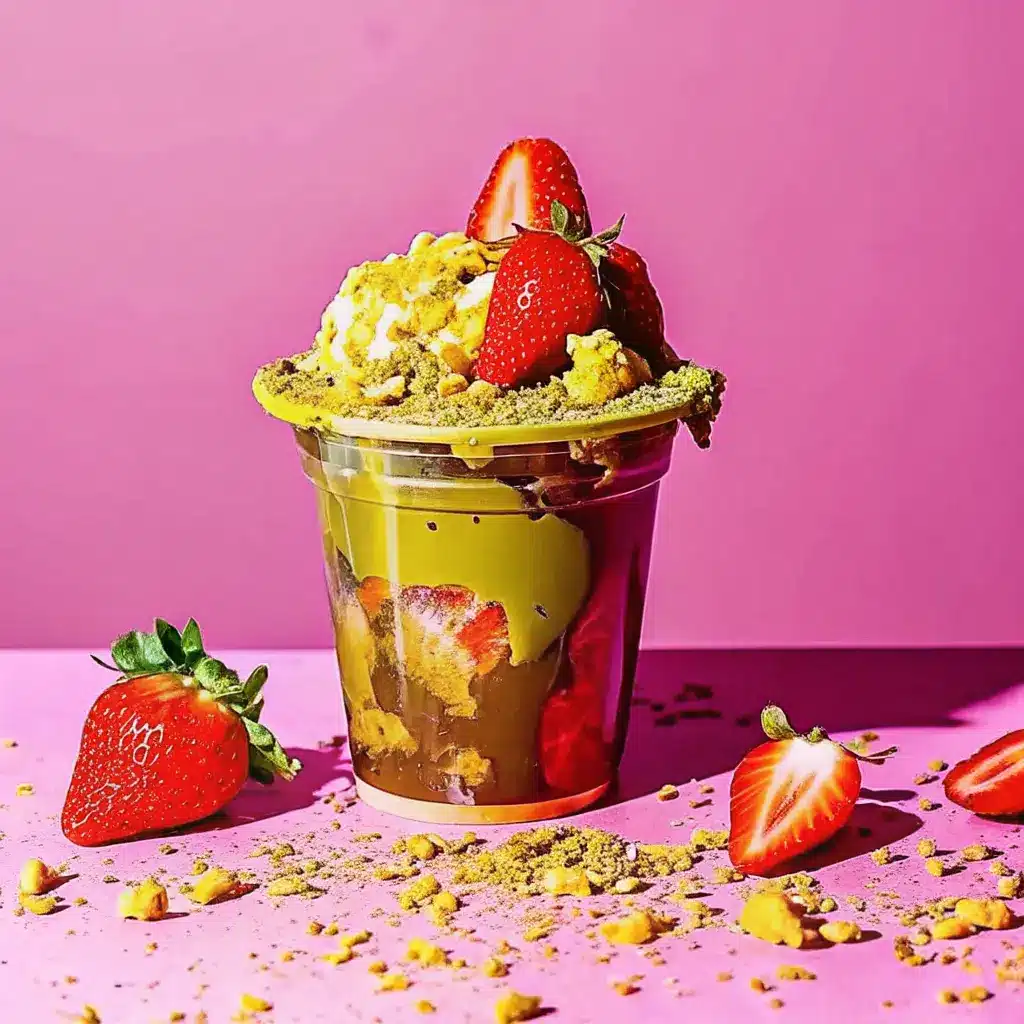 Dubai chocolate strawberries nearby featured in a gourmet layered dessert cup with pistachio and cream