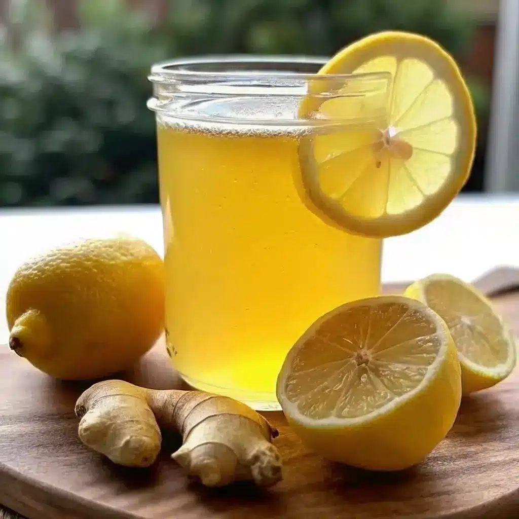 Glass of Mounjaro recipe drink with lemon slices and fresh ginger on a wooden board