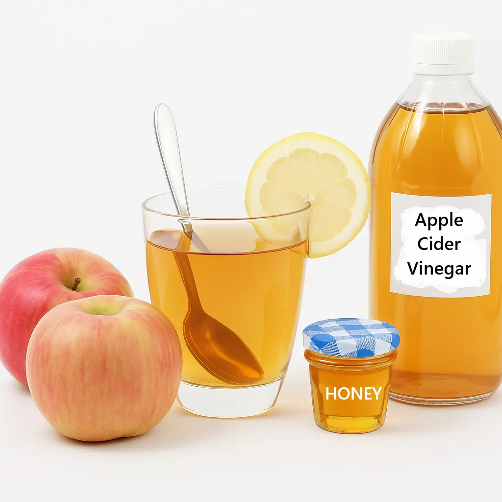 Mounjaro home recipe with apple cider vinegar shown with a glass of the drink, fresh apples, lemon, honey, and a labeled vinegar bottle.