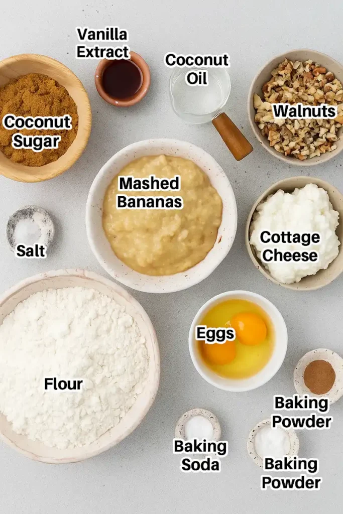 Ingredients for cottage cheese banana bread including mashed bananas, flour, eggs, and cottage cheese