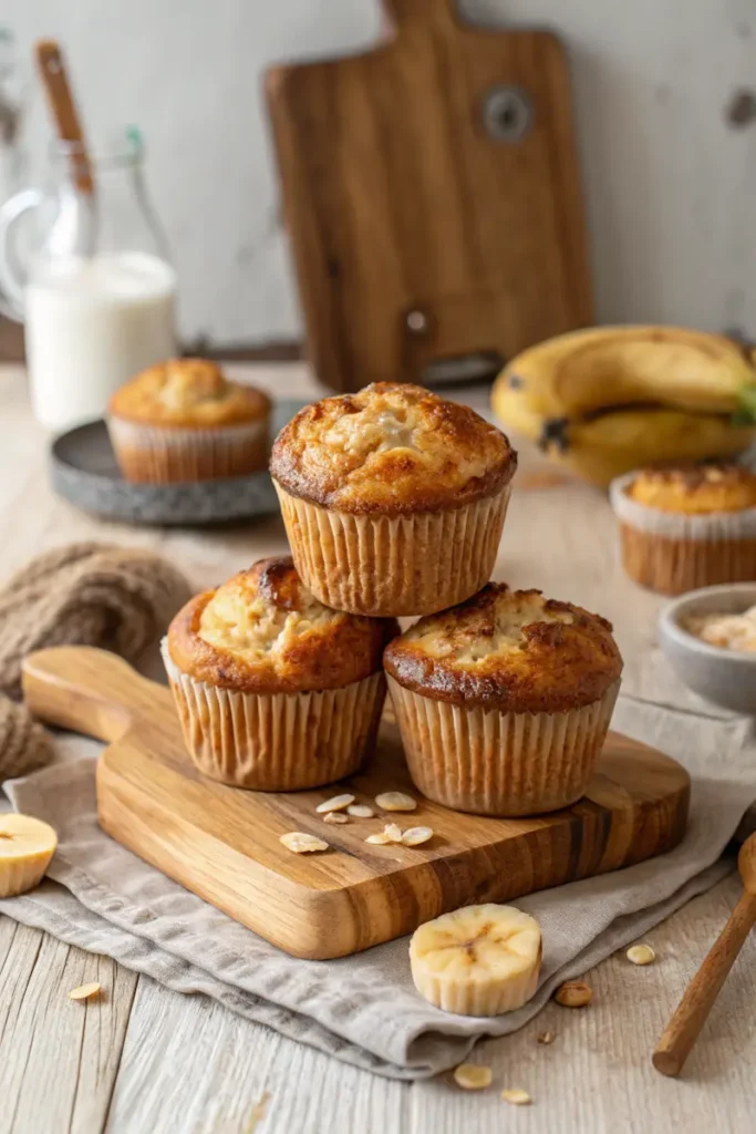 Cottage cheese banana muffins on rustic board